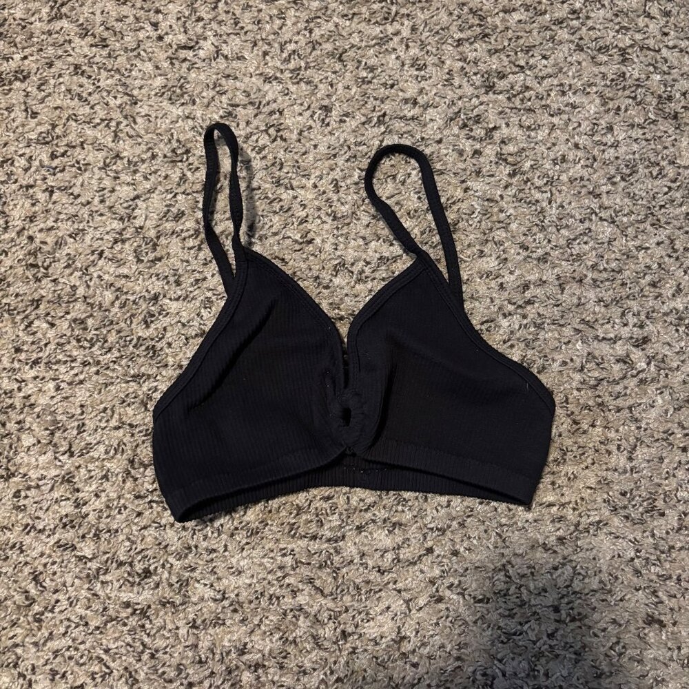 Urban Outfitters Black Ribbed Bralette With Adjustable Straps & Knot Detail - Si